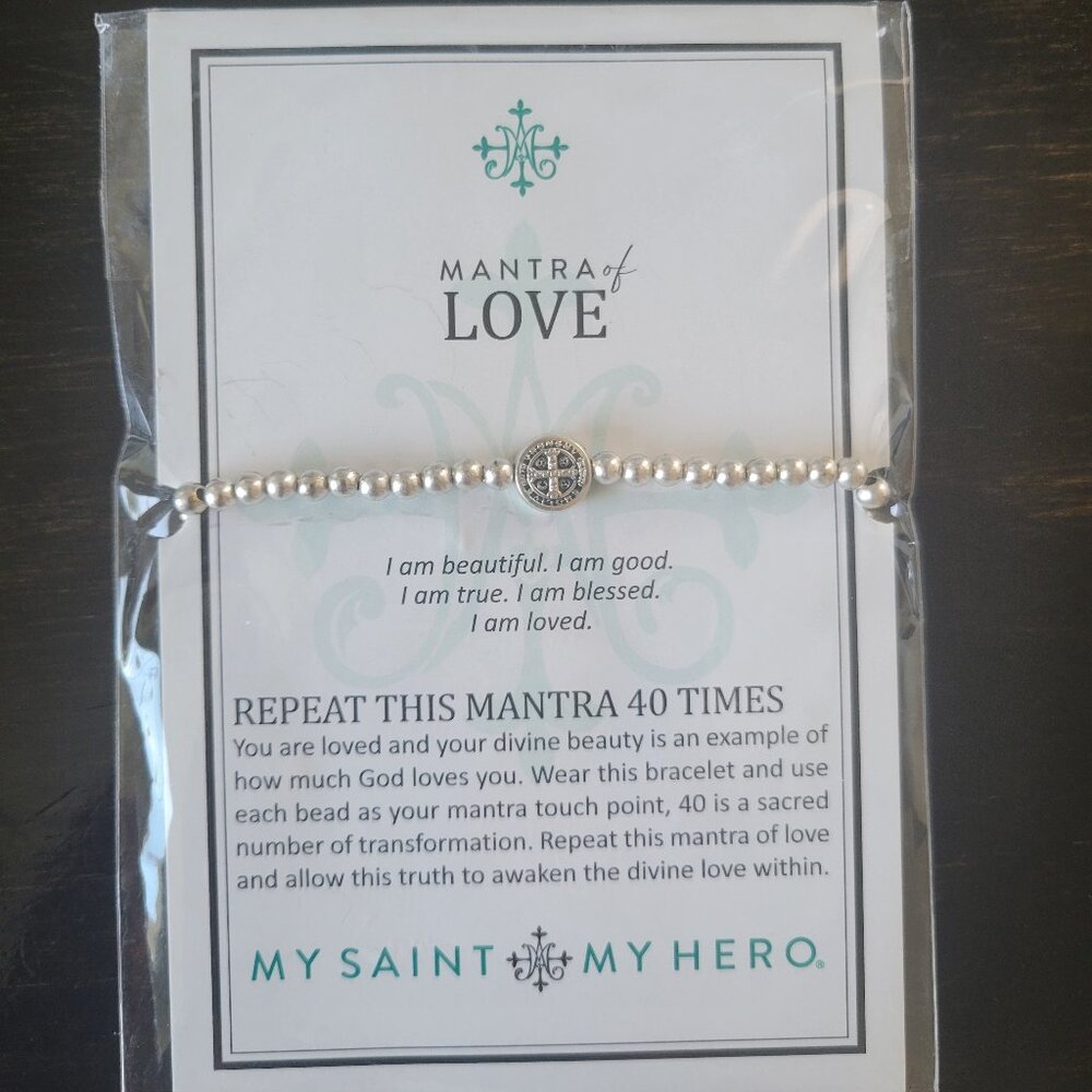 My Saint My Hero Mantra of Love Bracelet Silver Beaded NWT